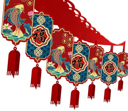 Sharplace Guirlande de l'année du Dragon chinois, ornement du nouvel an, pendentif avec pompon, guirlande décorative de plafond pour intérieur et, Poisson 12 Pendentif 4m