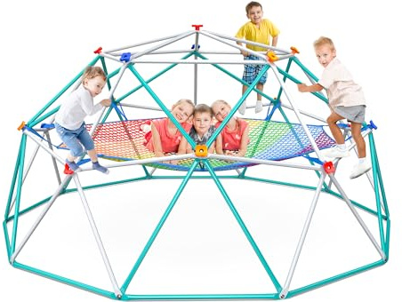 Hapfan Climbing Dome with Climbing Cargo Net, 10ft Dome Jungle Gym with Hammock for Kids Outdoor Playset Monkey Bars Backyard