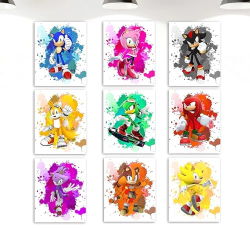 Zstlwyl Sonic Bros Aquarell-Poster The Hedgehog, für Kinderzimmer, Wanddekoration, Spielzimmer-Dekor, Set mit 9 Stück (20,3 x 25,4 cm), ungerahmt, Cartoon-Anime-Kunstgemälde, Poster