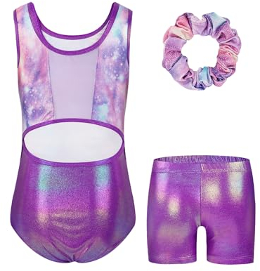 JiAmy Turnanzug Mädchen, Gymnastikanzug Kinder mit Hose Haarband Set, Glänzendes Gymnastik Turnanzug Leotard für 5-6 Jahre