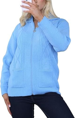 Womens Zipped Cable Knit Long Sleeve Collar Cardigan, Ladies Classic Chunky Winter Knitwear Zip Through Fasten with Pockets Pullover Jumper Top Zipper UK Plus Size 8-22, Sky Blue -12-14