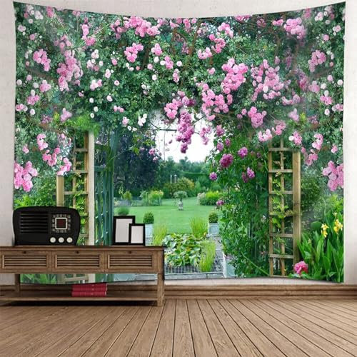 KnSam Tapestry Wall Hanging Garden Tapestries Green Rose Polyester Natural Landscape Tapestry Wall Decoration with Art Nature Home Decorations, 260 x 240 cm