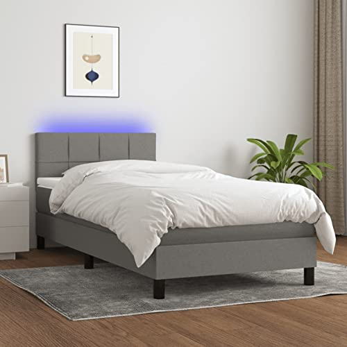 Keyroto Boxspringbett 90x200 mit matratze & LED Bett mit matratze 90x200 Polsterbett 90x200 Stoff Bett Komplett-Dunkelgrau-90 x 200 cm