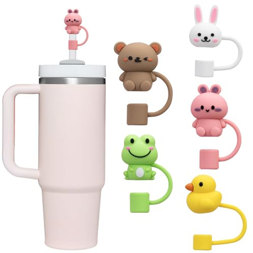 10mm Straw Toppers, Straw Cover Cap for Stanley 40&30 oz Tumbler, 5Pcs Reusable Straw Covers for Stanley Cup Accessories, Cute Animals