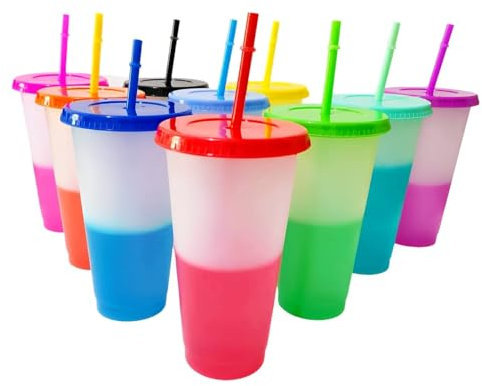 EAZHOP 710ml Plastikbecher - 10 Stück farbwechselnde Becher mit Deckel und Strohhalm, farbwechselnde wiederverwendbare Becher mit Deckel und Strohhalm für Erwachsene Kinder Frauen Partys