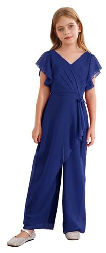 inhzoy Tuta Bambina Elegante da Cerimonia Principessa Chiffon Jumpsuit Salopetta Lunga da Matrimonio Partito Abito Formale Pantaloni a Gamba Larga Romper Jumpsuit Tutine Blu Reale 11-12 Anni