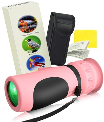 Raisand Monocular Portátil, Telescopio para Niños, Prismáticos Monoculares de Goma con Visión Clara, Telescopio para Niños con Aumento de 8-12x, Adecuado para Niños de 3 A 12 Años (Rosa)