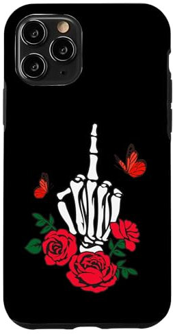 iPhone 11 Pro Skeleton Middle Finger Butterfly & Rose Skull Middle Finger Case