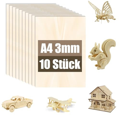 10 Piezas Tablero de Contrachapado de Tilo A4 3mm, Madera de Tilo para Modelismo, Corte Láser, Grabado, Tablas de Madera para Manualidades, Madera para Láser y Proyectos DIY(10,A4(297 * 210 * 3mm))