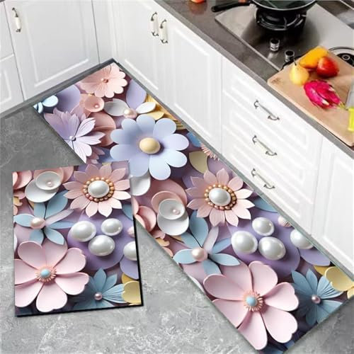 Highdi Blumenmuster Küchenläufer, Saugfähig Läufer Flu Teppich Küche Flur Teppich Läufer, Waschbar Teppich Küche, rutschfest Küchenteppich,für Eingangsbereich Esszimmer (40x120cm,Lila)