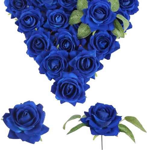 INSUNSIX Lot de 16 roses artificielles en velours bleu roi avec tiges de 8 cm pour bouquet de mariée, fleurs de mariage, centres de table, décoration d'intérieur, fête (bleu roi)
