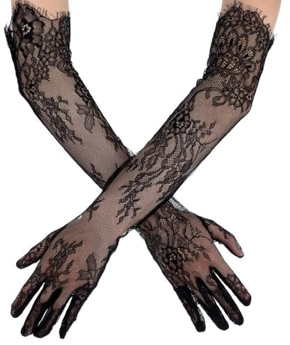 Yolev Lang Spitzenhandschuhe Brauthandschuhe Schwarz Ellenbogen Blumen Spitzen Handschuhe für Teeparty Opernhandschuhe Halloween Karneval Maskerade