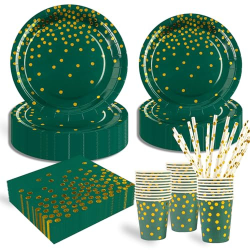 125 Stück Dunkelgrün Gold Kindergeburtstag Party Deko Zubehör Set, ​Papier Geschirrset einschließlich Pappteller Tasse Strohhalm und Servietten für Hochzeiten Deko Jubiläums