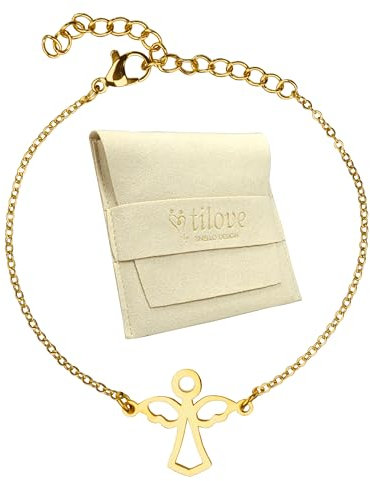 Zinello Design TILOVE - Bracelet Ange en Acier Inoxydable Doré – Bijou Symbolique de Protection – Chaîne Réglable 16 + 5 cm – Cadeau Élégant avec Pochette en Microfibre et Carte Message Inspirante