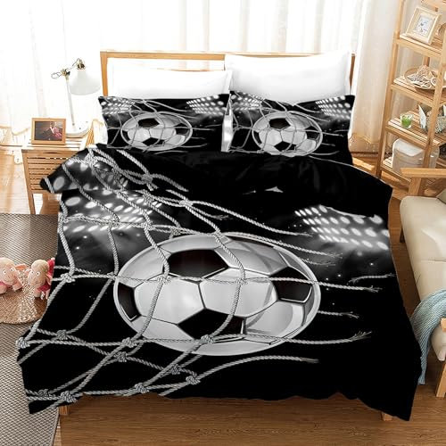 Set di biancheria da letto per il calcio 135x200cm, copripiumino in microfibra con stampa a motivi calcistici, con cerniera e 2 federe 50x75 cm, per l'arredamento della camera da letto (A, 135x200cm)