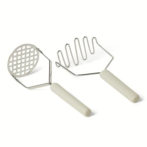 Amazon Basics Kartoffelstampfer, 2-Teiliges Set, Softgrip-Griff, Spülmaschinenfest, Leinengrau