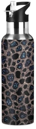 Woltant Leopard Print Marble Vacuum Insulated Stainless Steel Water Bottle 600 ml Sports Water Bottle With Straw Leak-Proof for Work Travel Gym