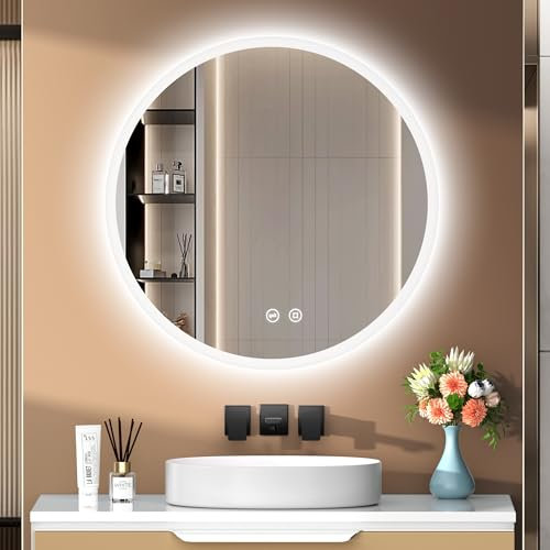 PESENXAN Runder Spiegel mit Beleuchtung, Led Spiegel Bad mit 3 Lichtfarben Dimmbar, Touch-Schalter und Speicherfunktion, Badezimmerspiegel mit Beleuchtung Rund 50x50cm