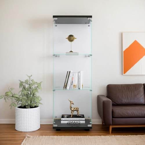Stand-Vitrine aus Glas, 42 x 36 x 125 cm, Aufbewahrungsschrank aus Glas mit 3 Regalen, 1 abschließbare Tür, Ausstellungsvitrine, Sammlervitrine, für Wohnzimmer (Schwarz/42 x 36 x 125 cm)
