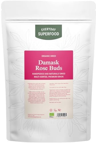 Everyday Superfood Organic Damask Dried Rose Buds 190g | Edible Food Grade | Rose Tea Loose Leaf | Herbal Tea, Jam Making, Bath Soak, Cake Decoration