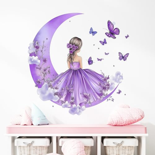 Schmetterlings Mädchen Wandaufkleber, Schmetterlinge Mond Wolken Wandaufkleber, Wandsticker Wanddeko für Kinderzimmer Mädchen Babyzimmer Schlafzimmer