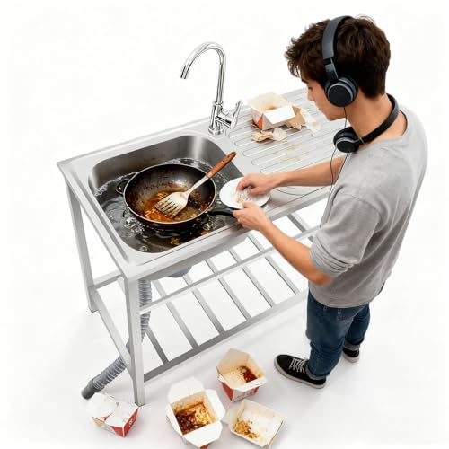 Bliajkswyr Jardín Exterior Fregadero con Patas Acero con Grifo Giratorio De 360° Moderno Fregadero De Cocina Fregadero Comercial Silencioso Y Fácil De Limpiar para Garaje Restaurante