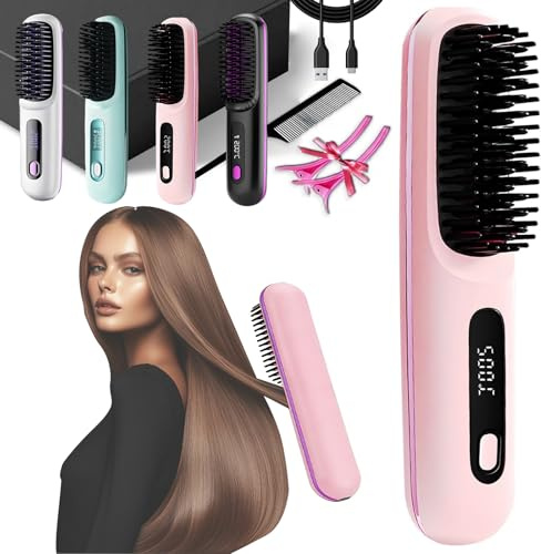 Brosse Coiffante Chauffante Cheveux Court, Brosse Lissante Portable Sans Fil Avec Technologie Mch à Chauffage, Chargement USB, 3 De Température Et LED, Pour Voyage Et à La Maison, Tous Les Types (#C)