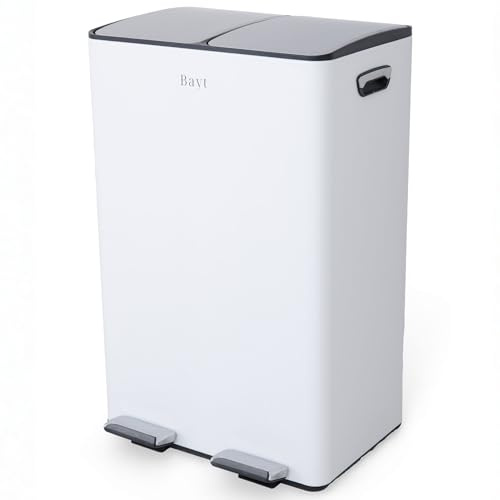 Bayt Poubelle Tri Sélectif 2 Bac 60L (2x30L) – Poubelle Cuisine 60 Litres à Pédale Inox | Poubelle Double Compartiment Anti-Odeur Soft Close pour Déchets et Recyclage Cuisine, Blanc