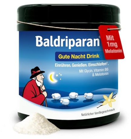 Baldriparan® Gute Nacht Drink [300g] - mit 1mg Melatonin, Glycin und Vitamin B6 zur bewussten Einschlafbegleitung. Laborgeprüft, zuckerarm & vegan. Natürlicher Vanillegeschmack aus Bio-Bourbon-Vanille