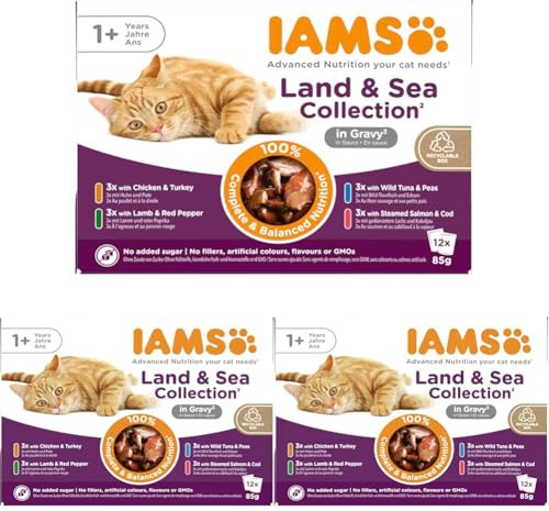 IAMS Delights Land & Sea Collection Katzenfutter Nass - Multipack mit Fleisch und Fisch Sorten in Sauce, Nassfutter für Katzen ab 1 Jahr, 12 x 85 g (Packung mit 3)