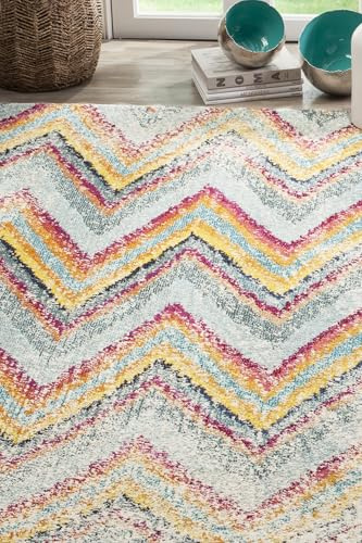 SAFAVIEH Monaco Collection Area Rug - 6'7 x 9'2, Multi, Boho Chevron Distressed Design, Non-Shedding & Easy Care, Ideal for High Traffic Areas in Living Room, Bedroom (MNC220F)