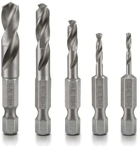 NEIKO 11402A Kurzbohrer-Set für Metall, 5-teiliges 1/4-Zoll-Schnellwechsel-Sechskantschaft, M2-Hochgeschwindigkeitsstahl für Schnellwechsel, Spannfutter und Antriebe, Bohrerhalter inklusive,