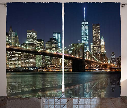 ABAKUHAUS New York Rustikaler Gardine, Brooklyn Brücke, Schlafzimmer Kräuselband Vorhang mit Schlaufen und Haken, 280 x 245 cm, Marineblau