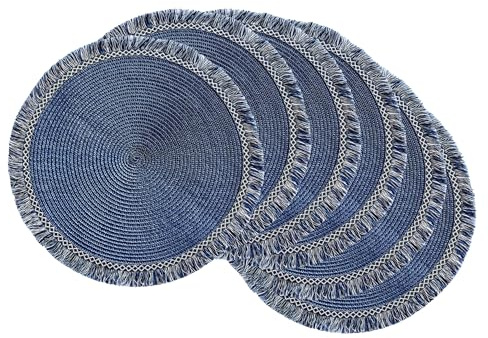 DII Woven Placemat Collection Round, 14.75 Diameter, Nautical Blue Fringe, 6 Piece