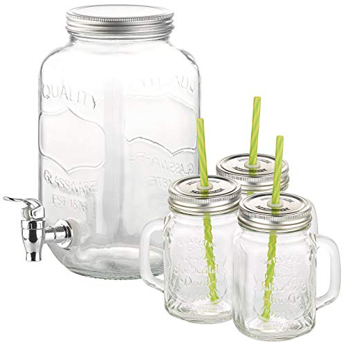 PEARL Getränkespender Glas: 4-teiliges Set aus Getränkespender und 3 Trinkgläser im Retrolook (Saftspender Glas, Retro, Wasserkanister)
