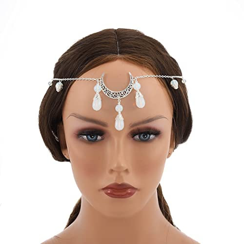 Obmyec Boho-Kristall-Kopfkette, Mond, Silber, Kopfschmuck, Halbmond-Quaste, Kopfkette, Geschenk, Festival, Stirnkette, Halloween, Haarschmuck für Frauen und Teenager-Mädchen
