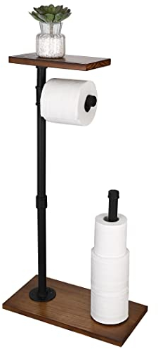 KES Toilettenpaierhalter Stehend Klopapierhalter Schwarz Klorollenhalter Toilettenpapier Halterung Papierrollenhalter WC Rollenhalter Freistehend mit Holz Ablage, BPH505-BK