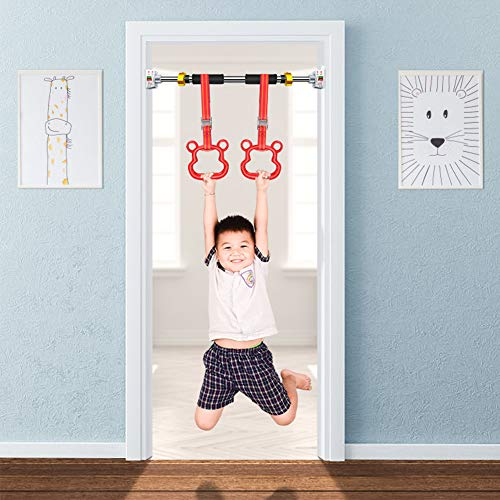 JINGBO Klimmzugstange Mit Gear-Lock Funktion & Kinder Turnhalle Ringe, Sicher & Schnell Ohne Schrauben Im Türrahmen Ansetzen, Indoor Pull Up Bar Anpassbar 70-95 cm, Belastbar Bis 400 Kg