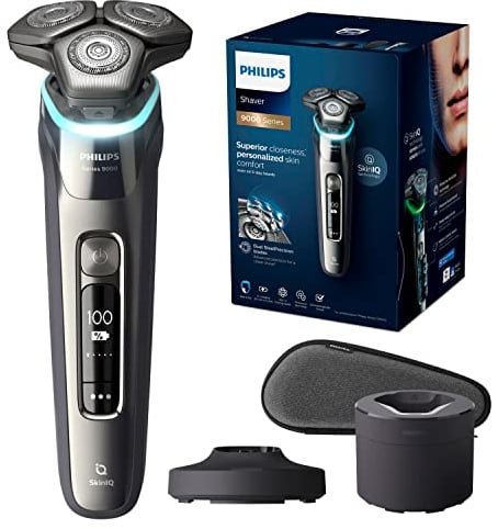 Philips Rasierer Serie 9000- Elektrischer Nass- und Trockenrasierer, Chrom dunkel, Lift&Cut-Rasiersystem, SkinIQ-Technologie, Pop-up-Trimmer, Reinigungsstation, Ladestation, Reiseetui, Modell S9987/55