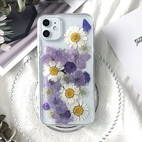 Tybiky iPhone 12 Case, iPhone 12 Case, Transparent Rubber Phone Case, Colorful Dried Flowers Handmade Protective Cover for Apple iPhone 12 Purple White Flowers