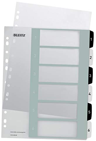 Leitz Register für A4+, 20er Pack, PC-beschriftbares Deckblatt und 6 Trennblätter, Taben mit Zahlenaufdruck 1-6, Überbreite, Weiß/Schwarz, Polypropylen, WOW, 12140000