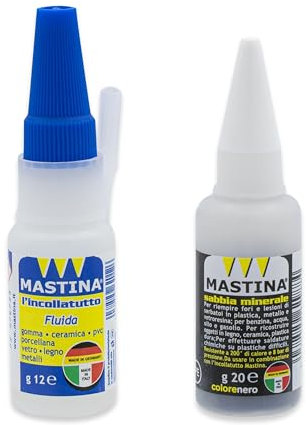 Mastina Incollatutto da 12g e SABBIA NERA da 20g, Kit per Riparazione Professionale su Plastica Legno Metallo Ceramica Gomma e Pietra, Adatto per la saldatura chimica su Plastica