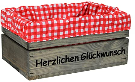 HW HOLZKISTEN-WELT Holzkiste Hellgrau mit Aufdruck Herzlichen Glückwunsch mit Stoffeinlage Rot Weiß - Stiege Steige Geschenkverpackung Präsentkorb Geschenk