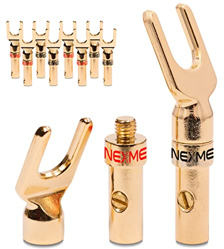 NEXMEX High End Kabelschuhe 10 Stück (5-Paar) Gabelschuhe Y-Anschluss für Kabel bis 6mm² 24K vergoldet löt- oder schraubbar für Lautsprecherkabel HiFi-Boxen Verstärker Endstufen Steckverbinder