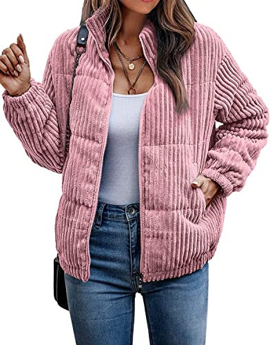 Femmes de Bombardier Veste en Velours Côtelé Nervuré Matelassé Zip Manches Longues Veste d'hiver Automne avec Poches Top Chaud Veste Classique Automne et Veste d'hiver (Rose,XL)