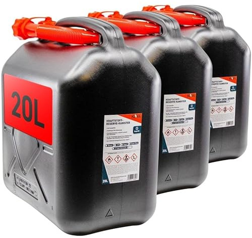 KOVA® 3x Benzinkanister 20L SCHWARZ mit Ausgießer für Benzin & Diesel | Ideal für Auto, Motorrad, Boot, Camping und Werkstatt
