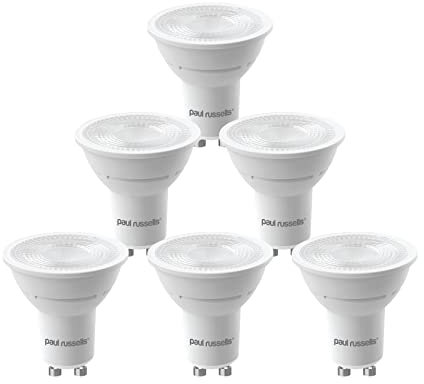 Paul Russells LED GU10 – Dimmable Fittings Frosted Spot Lighbulbs, 4.5W 345 Lumens LED Bulbs, 50w Equivalent, 4000K Cool White/Natural White, Dimmer Energy Saving 38° Ceiling Spotlights, Pack of 6