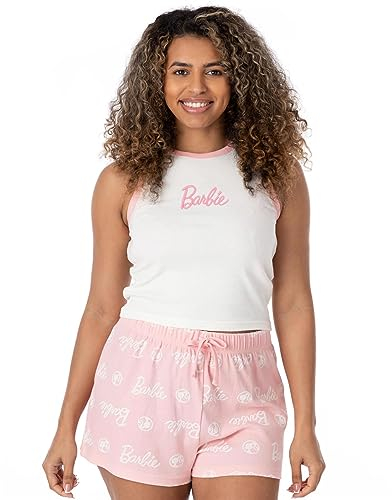 Barbie Ladies Pyjama Set | Ribbed White Vest With Pink All Over Print Elasticated Shorts For Women | Fashion Doll Classic Logo Graphic Sleepwear | Nightwear Pyjama Merchandise for Adults