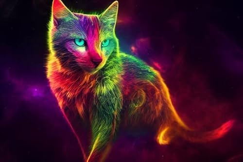 adrium Acryl-Bild 110 x 70 cm: 3D-Illustration einer abstrakten Katze, die in Regenbogenfarben leuchtet, unendliche Turbulenzen, fluoreszierende rote Farben, (194813114)