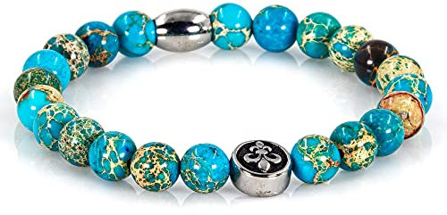 Bracciale con diaspro, bracciale con perle, giglio fiorentino blu, argento, 8 mm, in acciaio inossidabile